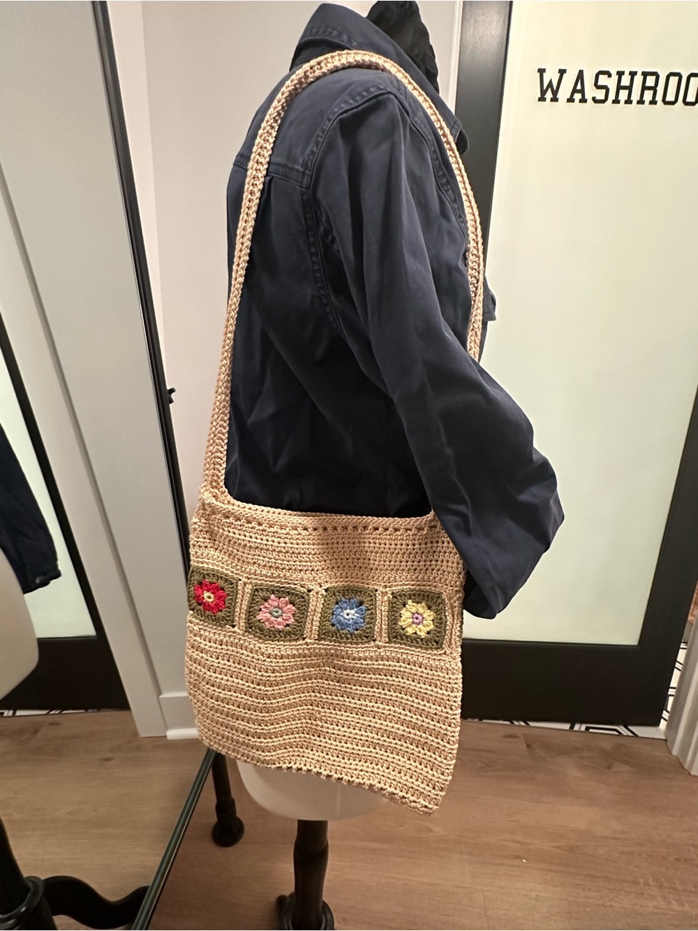 Beige Crochet Shoulder Bag with Multicolor Floral Squares